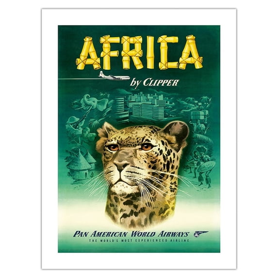 Africa by Clipper - African Cheetah - Vintage Airline Travel Poster c.1950 - Fine Art Matte Paper Print (Unframed) 18x24in