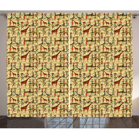 Ambesonne Africa Curtains 2 Panel Set, Woman Silhouette Animals, 108" x 96", Multicolor