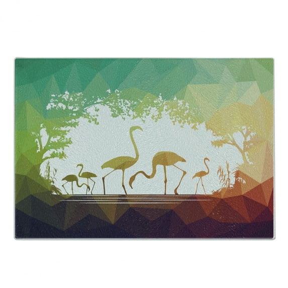 Africa Cutting Board, Modern Design Flamingo in Digital Art with Polygonal Featured Shadow Effects, Decorative Tempered Glass Cutting and Serving Board, Small Size, Multicolor, by Ambesonne