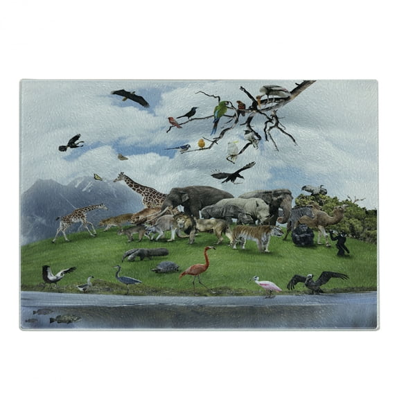 Africa Cutting Board, Tropic Animal Collage in the Valley with Lion Parrot Swans Elephants and Flamingos, Decorative Tempered Glass Cutting and Serving Board, Small Size, Multicolor, by Ambesonne