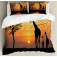 thumbnail image 1 of Africa Duvet Cover Set, Giraffes on Bushes by the Lake Surface Horizon in the Middle of Nowhere Image, Decorative 3 Piece Bedding Set with 2 Pillow Shams, Queen Size, Orange Black, by Ambesonne, 1 of 3