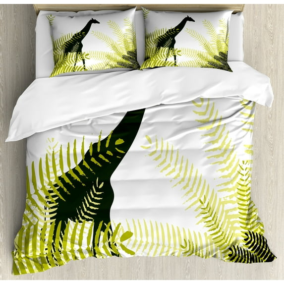Africa Duvet Cover Set, Silhouette of Giraffe Ferns National Park Terrestrial Tall Animal Print, Decorative 3 Piece Bedding Set with 2 Pillow Shams, King Size, Pale Green Dark Green, by Ambesonne