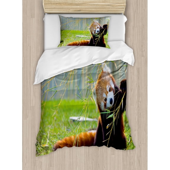 Africa Duvet Cover Set Twin Size, Cute Red Panda on the Field Playing with Bamboo Branches Native Himalaya Mountains, Decorative 2 Piece Bedding Set with 1 Pillow Sham, Brown Red, by Ambesonne
