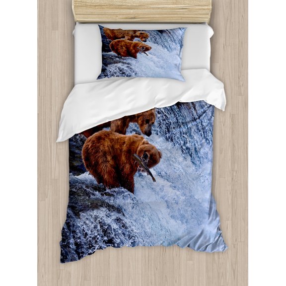 Africa Duvet Cover Set Twin Size, Grizzly Bears Fishing in the River Waterfalls Cascade in Alaska Nature Camp View, Decorative 2 Piece Bedding Set with 1 Pillow Sham, Brown White, by Ambesonne