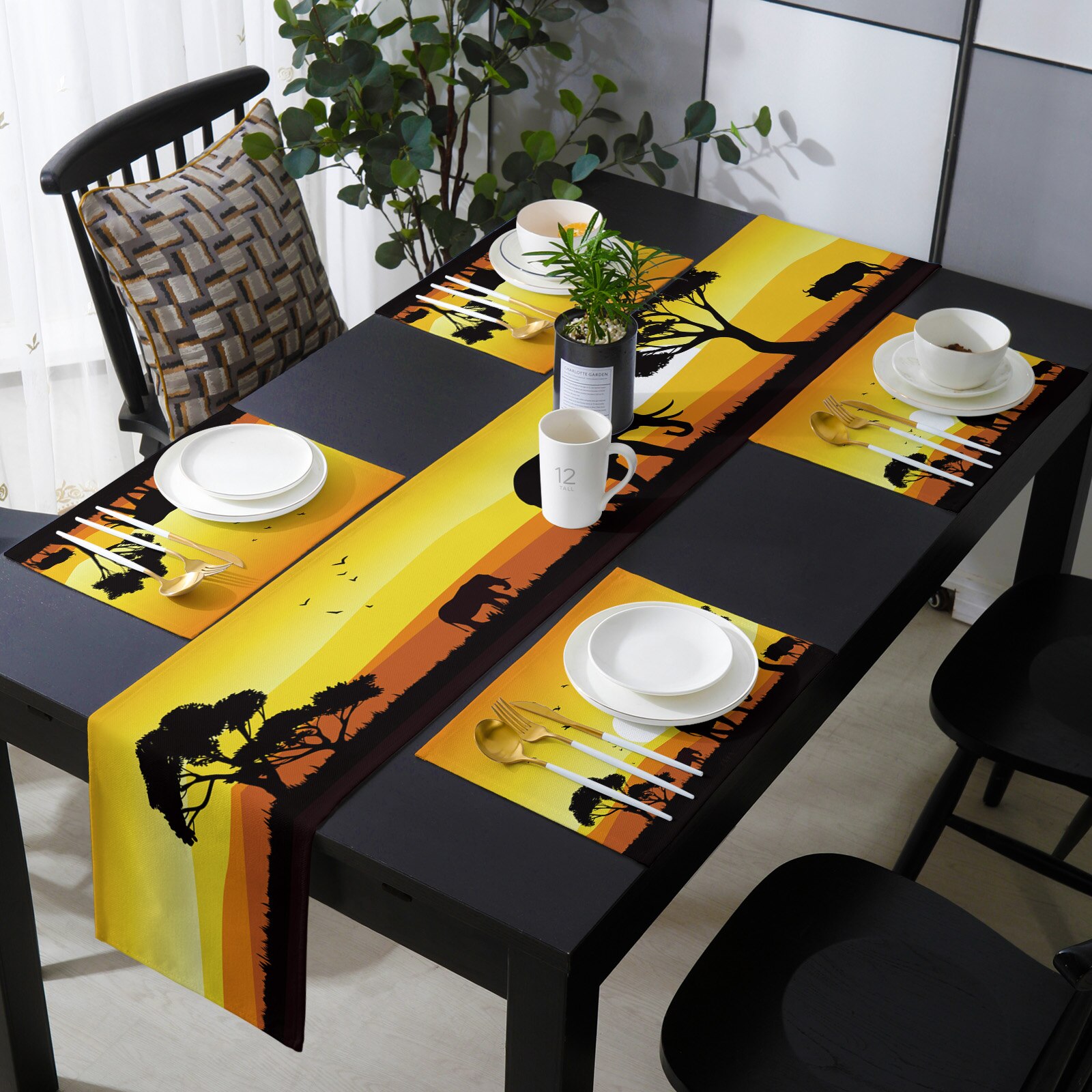 Africa Elephant Sunset Table Runner Sets Wedding Dinning Coffee Table Decoration Kitchen