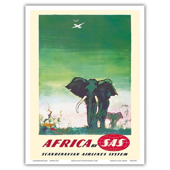Africa - Elephants - by SAS Scandinavian Airlines System - Vintage Airline Travel Poster by Otto Nielsen c.1958 - Master Art Print (Unframed) 9in x 12in