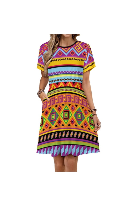 Africa Ethnic Colorful Pattern Dress Summer Street Style Dresses Female Short Sleeve Printed Sundress