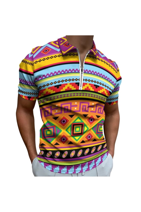 Africa Ethnic Colorful Pattern Men Zipper T-shirt Summer Casual Short Sleeve T-shirt Top