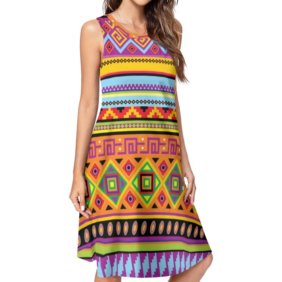 Africa Ethnic Colorful Pattern Spring Summer Dresses for Women Fashion T-shirt Dress Casual Sleeveless Loose Sundress with Pockets