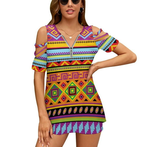 Africa Ethnic Colorful Pattern Womens Summer V Neck Zipper Top Short Sleeve T Shirt Off Shoulder Top Casual Classy Loose Shirts