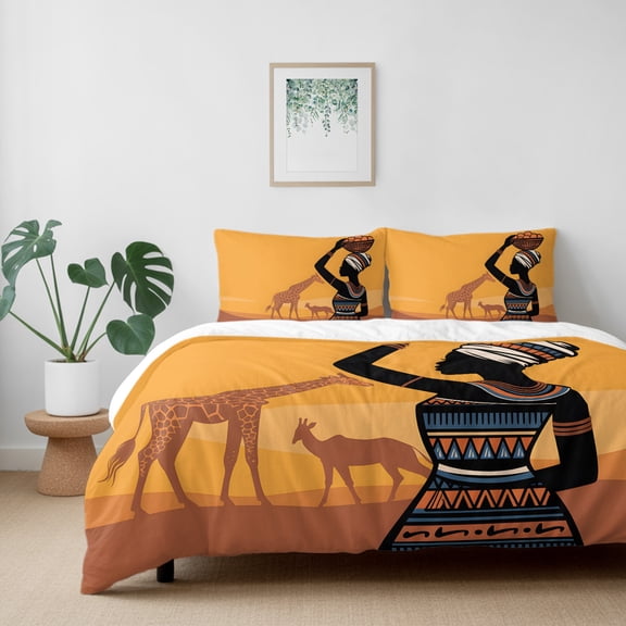Africa Ethnicity Women California King Size Bed Set,Animals Giraffe Bedding for All Seasons,4 Pcs Bed Set with 1 Quiltcover (96"x104"),1 Sheet (110"x98"),2 Pillowcases (20"x36")