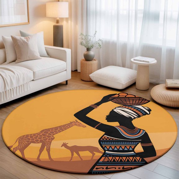 Africa Ethnicity Women Round Rug 5ft Animals Giraffe Washable Area Rugs for Living Room Bedroom Entryway Non Slip Entrance Door Mat Indoor Floor Carpet