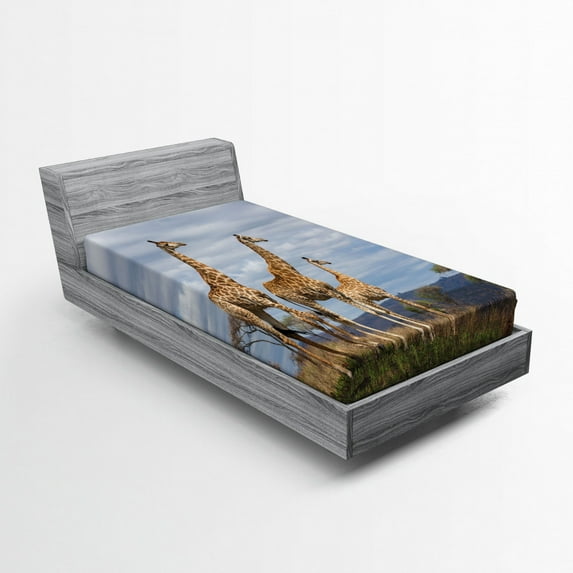 Africa Fitted Sheet, Giraffe Family Looking at the Skyline in Savannah Grassland with Shrubs Print, Soft Decorative Fabric Bedding, Twin XL Size, Tan Blue, by Ambesonne