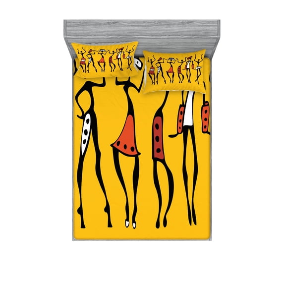 Africa Fitted Sheet & Pillow Sham Set, Dancing Sketchy Characters Modern Style Graphic Print in Earth Tones, Decorative Printed 6 Piece Bedding Decor Set, Queen, Mustard and Orange, by Ambesonne