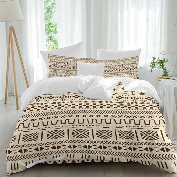 Africa Geometric Queen Size Comforter Set, Brown Beige Traditional Ethnicity Texture Bedding for All Seasons, 4 Pcs Bed Set, 1Quiltcover (90"x92") ,1Sheet(94"x116"), 2Pillowcases (30"x20")