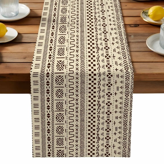 Africa Geometric Table Runner, Brown Beige Traditional Ethnicity Texture Kitchen Table Runners Dress Scarves for Table Decorations Party/Restaurant/Indoor Outdoor Use, 13x36in