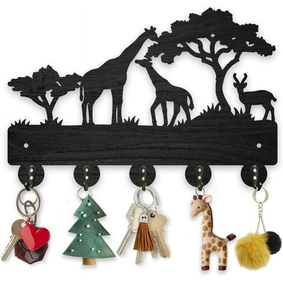 Africa Giraffe Coat Rack Wall Mount Wood Key Holder for Wall 11.87.9inch Giraffe Family Deer Decorative Wall Hooks 5 Alloy Hooks Animal Tree Black Wall Hanger for Gifts Entryway Room Home