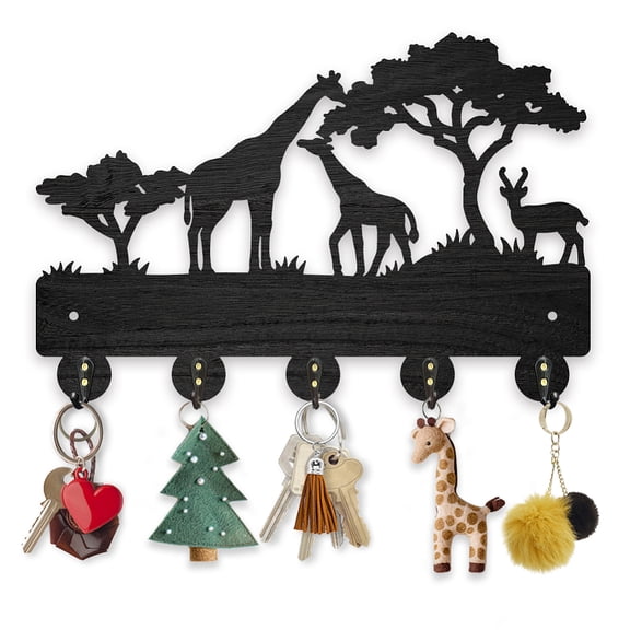 Africa Giraffe Coat Rack Wood Key Holder 11.87.9inch Giraffe Family Deer Decorative Wall Hooks 5 Alloy Hooks Animal Tree Black Wall HangerDIY