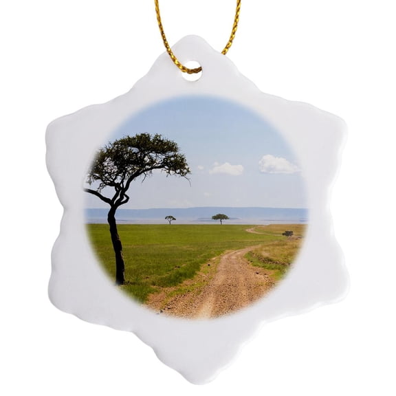 3drose, Africa, Kenya, Masai Mara National Reserve. Acacia Tree by Dirt Road., 3 inch Snowflake Porcelain Ornament