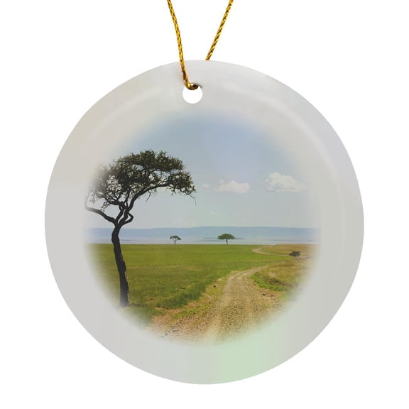 3drose, Africa, Kenya, Masai Mara National Reserve. Acacia Tree by Dirt Road., Circle Porcelain Ornament