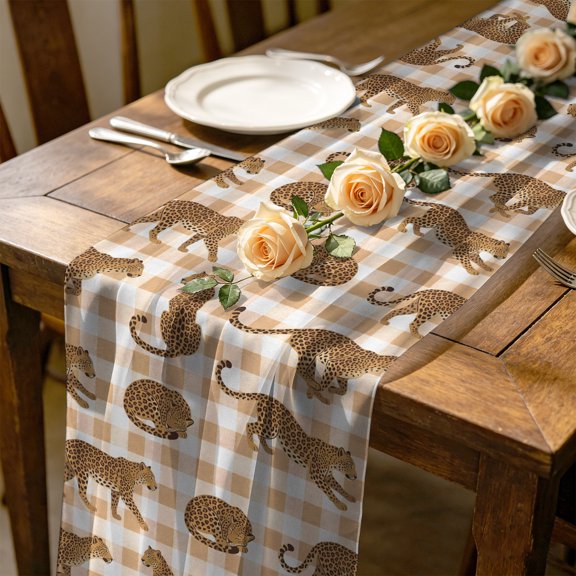 Africa Leopard Animal 10 ft Cheesecloth Table Runner for Wedding 27"x120", Brown White Plaid Abstract Simple Kitchen Dinner Sheer Tulle Chiffon Dresser Scarf, Holiday Party Decorations