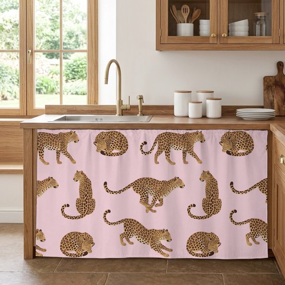 Africa Leopard Animal Cabinet Curtains 28" W x 51" L, Pink Background Abstract Simple Under-Desk Privacy Dust Proof Drape Dishwasher Curtain Sink Skirt for Kitchen Closet Bathroom Laundry