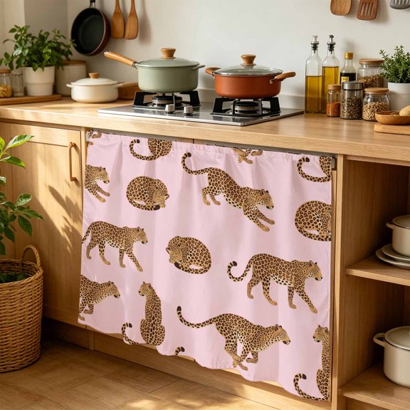 Africa Leopard Animal Cabinet Curtains for Kitchen 35"W x 35"L, Pink Background Abstract Simple Laundry Sink Cabinets Magic Tape Short Curtain Privacy Panel for Bathroom Vanity Cabinets