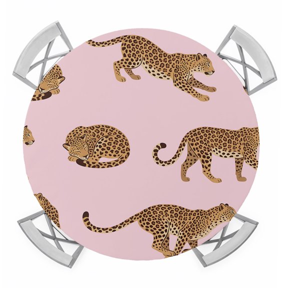 Africa Leopard Animal Round Table Cover, Pink Background Abstract Simple Waterproof Fitted Tablecloths for 36"-44" Tables, Washable Picnic Table Cover for Camping Dining Indoor Outdoor