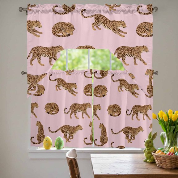Africa Leopard Animal Swag Curtains Valance & Tier Set, Pink Background Abstract Simple 3 Pcs Set Kitchen Swag Valances and Tiers 24 Inch Length Rod Pocket Curtain Drapes for Bedroom