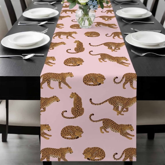 Africa Leopard Animal Table Runner, Pink Background Abstract Simple Washable Cotton-linen Table Runners Dining Kitchen Decoration for Everyday Home Wedding Party Decor, 13 x 108 Inch