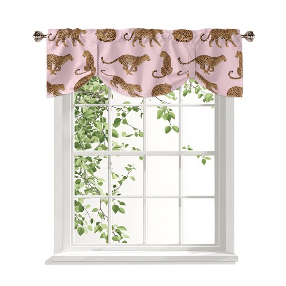 Africa Leopard Animal Tie Up Valances Curtain, Pink Background Abstract Simple Adjustable Rod Pocket Window Treatment Short Tie Up Curtains Valances for Kitchen Living Room Bathroom 54x18 Inches
