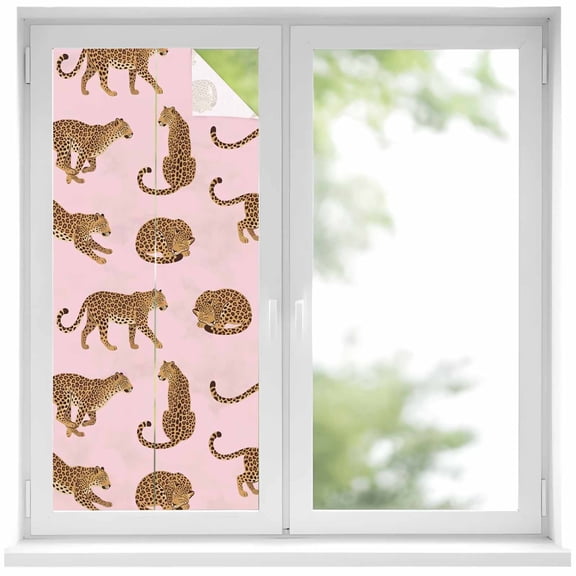 Africa Leopard Animal Window Privacy Film, Pink Background Abstract Simple Frosted Glass Window Clings Static Cling UV Heat Blocking Reusable Door Sticker for Bathroom 17.7 x 39.3 Inch