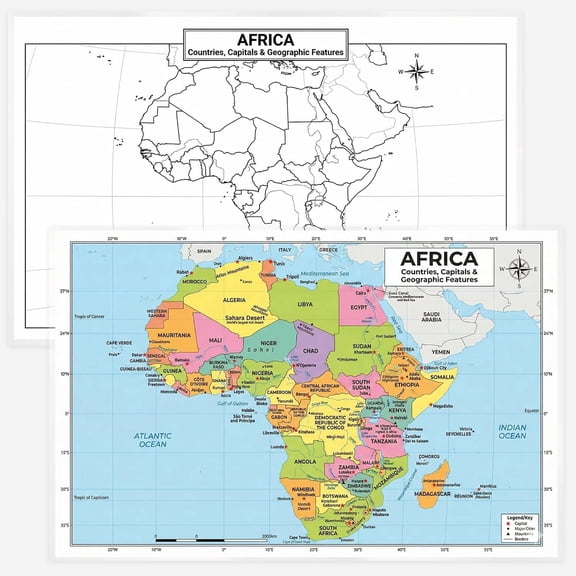 Africa Map 11x17 Laminated Dry Erase Geography Chart | Double-Sided with Color Front & Blank Outline Back | Reusable Classroom & Homeschool Tool