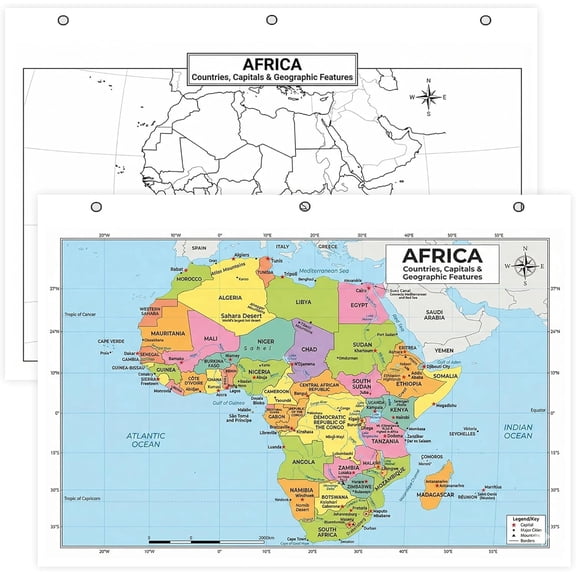 Africa Map Poster for Kids - 2-Sided Laminated 8.5x11, Countries Capitals & Geographic Features with Blank Practice Map, Color-Coded Regions, Classroom Homeschool Geography