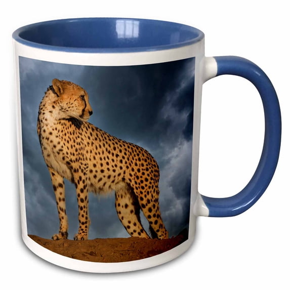 3drose, Africa, Namibia. Close up of Cheetah on Mound at Sunset., 11oz Two-tone Blue Mug