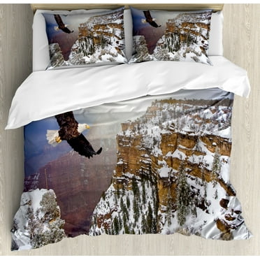 Africa Queen Size Duvet Cover Set, Aerial View of Bald Eagle Flying in the Snow Covered Grand Canyon Rocky Arizona USA, Decorative 3 Piece Bedding Set with 2 Pillow Shams, White Brown, by Ambesonne