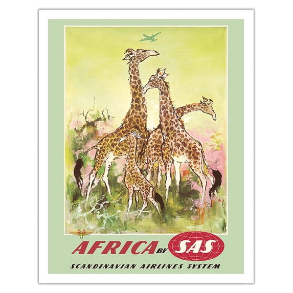 Africa- by SAS Scandinavian Airlines System - Serengeti African Giraffes - Vintage Airline Travel Poster by Otto Nielsen c.1955 - Fine Art Matte Paper Print (Unframed) 11x14in