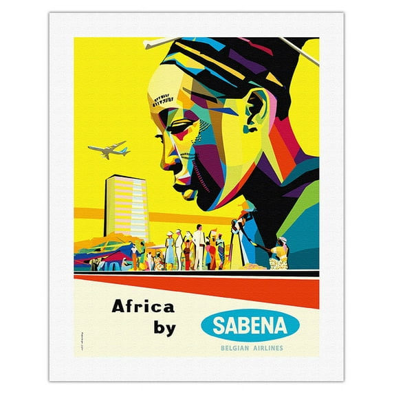 Africa by Sabena - Sabena Belgian World Airlines - Vintage Airline Travel Poster by Gaston van den Eynde c.1960 - Fine Art Rolled Canvas Print 20in x 26in