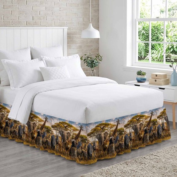 Africa Savannah Wildlife Bed Skirt California King Size 18 Inch Drop, Elephant Lion Zebra Leopard Adjustable Elastic Dust Ruffles Bedskirt Wrap Around Pleated Mattress Frame Cover