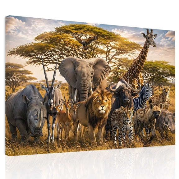 Africa Savannah Wildlife Canvas Print Wall Art, Elephant Lion Zebra Leopard Wall Decor Framed Artwork Paintings Pictures for Living Room Bedroom Stretched Ready to Hang, 20" x 24"