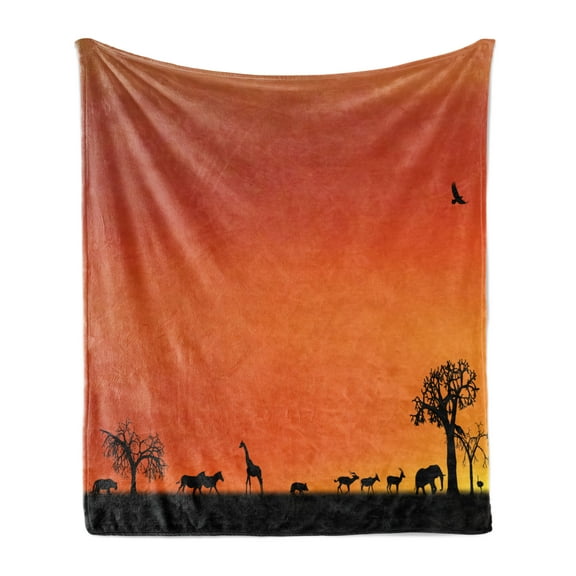 Africa Soft Flannel Fleece Blanket, Panorama of Safari Animals Gulls Reflections in Background at Sunset Scenery, Cozy Plush for Indoor and Outdoor Use, 50" x 70", Burnt Orange Black, by Ambesonne
