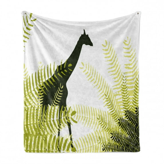 Africa Soft Flannel Fleece Blanket, Silhouette of Giraffe Ferns National Park Terrestrial Tall Animal Print, Cozy Plush for Indoor and Outdoor Use, 60" x 80", Pale Green Dark Green, by Ambesonne