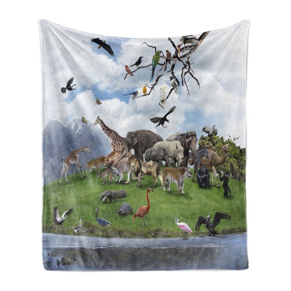 Africa Soft Flannel Fleece Blanket, Tropic Animal Collage in the Valley with Lion Parrot Swans Elephants and Flamingos, Cozy Plush for Indoor and Outdoor Use, 50" x 70", Multicolor, by Ambesonne