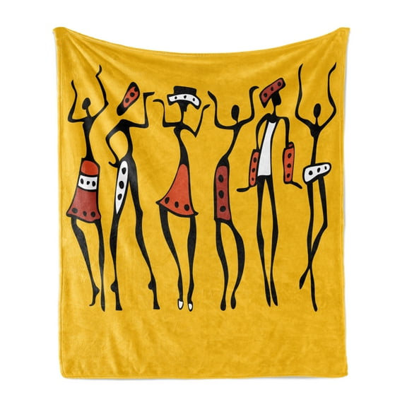 Africa Soft Flannel Fleece Throw Blanket, Dancing Sketchy Characters Modern Style Graphic Print in Earth Tones, Cozy Plush for Indoor and Outdoor Use, 50" x 60", Mustard and Orange, by Ambesonne