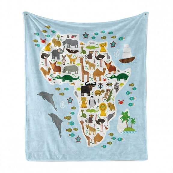 Africa Soft Flannel Fleece Throw Blanket, Exotic Hyena Parrot Giraffe Hippo and Dolphins Cartoon Style Animal Arrangement, Cozy Plush for Indoor and Outdoor Use, 70" x 90", Multicolor, by Ambesonne