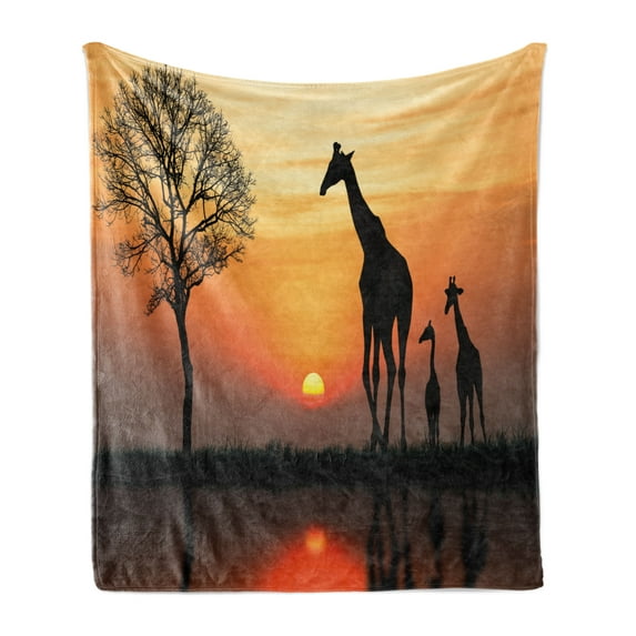 Africa Soft Flannel Fleece Throw Blanket, Giraffes on Bushes by the Lake Surface Horizon in the Middle of Nowhere Image, Cozy Plush for Indoor and Outdoor Use, 50" x 60", Orange Black, by Ambesonne
