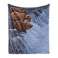 thumbnail image 1 of Africa Soft Flannel Fleece Throw Blanket, Grizzly Bears Fishing in the River Waterfalls Cascade in Alaska Nature Camp View, Cozy Plush for Indoor and Outdoor Use, 50" x 60", Brown White, by Ambesonne, 1 of 5