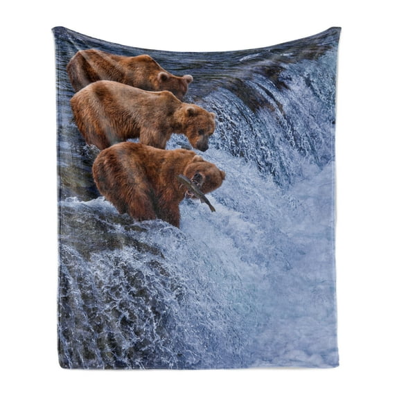 Africa Soft Flannel Fleece Throw Blanket, Grizzly Bears Fishing in the River Waterfalls Cascade in Alaska Nature Camp View, Cozy Plush for Indoor and Outdoor Use, 60" x 80", Brown White, by Ambesonne
