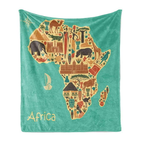 Africa Soft Flannel Fleece Throw Blanket, Savannah Map Tribal Folk Culture Traditional Boho Art, Cozy Plush for Indoor and Outdoor Use, 50" x 60", Burnt Sienna Pale Yellow, by Ambesonne