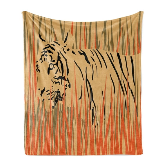 Africa Soft Flannel Fleece Throw Blanket, Tiger in the Bushes Camouflage Carnivore Predator Feline Safari Animal Art, Cozy Plush for Indoor and Outdoor Use, 60" x 80", Peach Orange, by Ambesonne